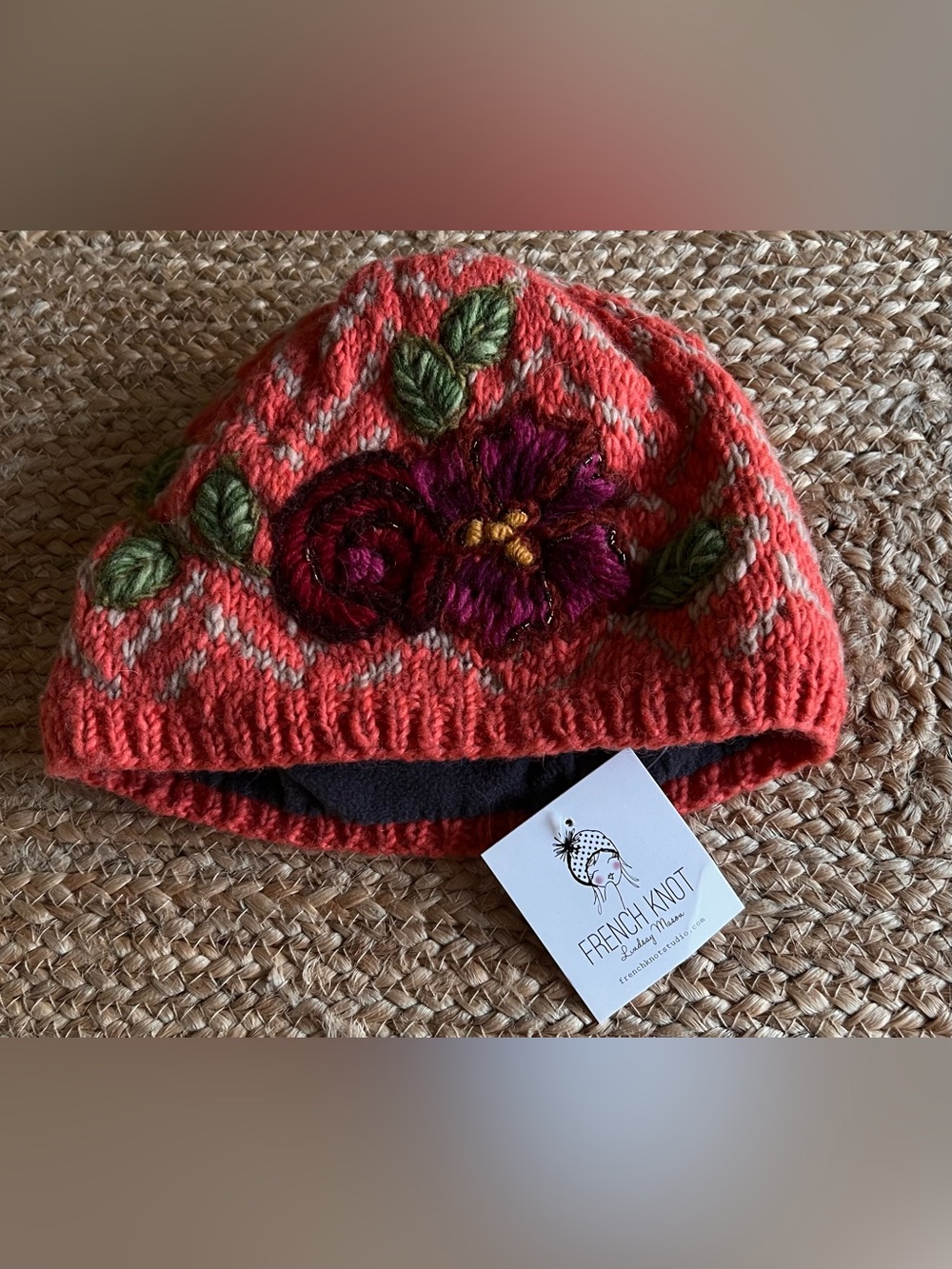 French Knot Lindsay Mason Chevron Floral Wool Fleece Lined Beanie Nepal Beaded